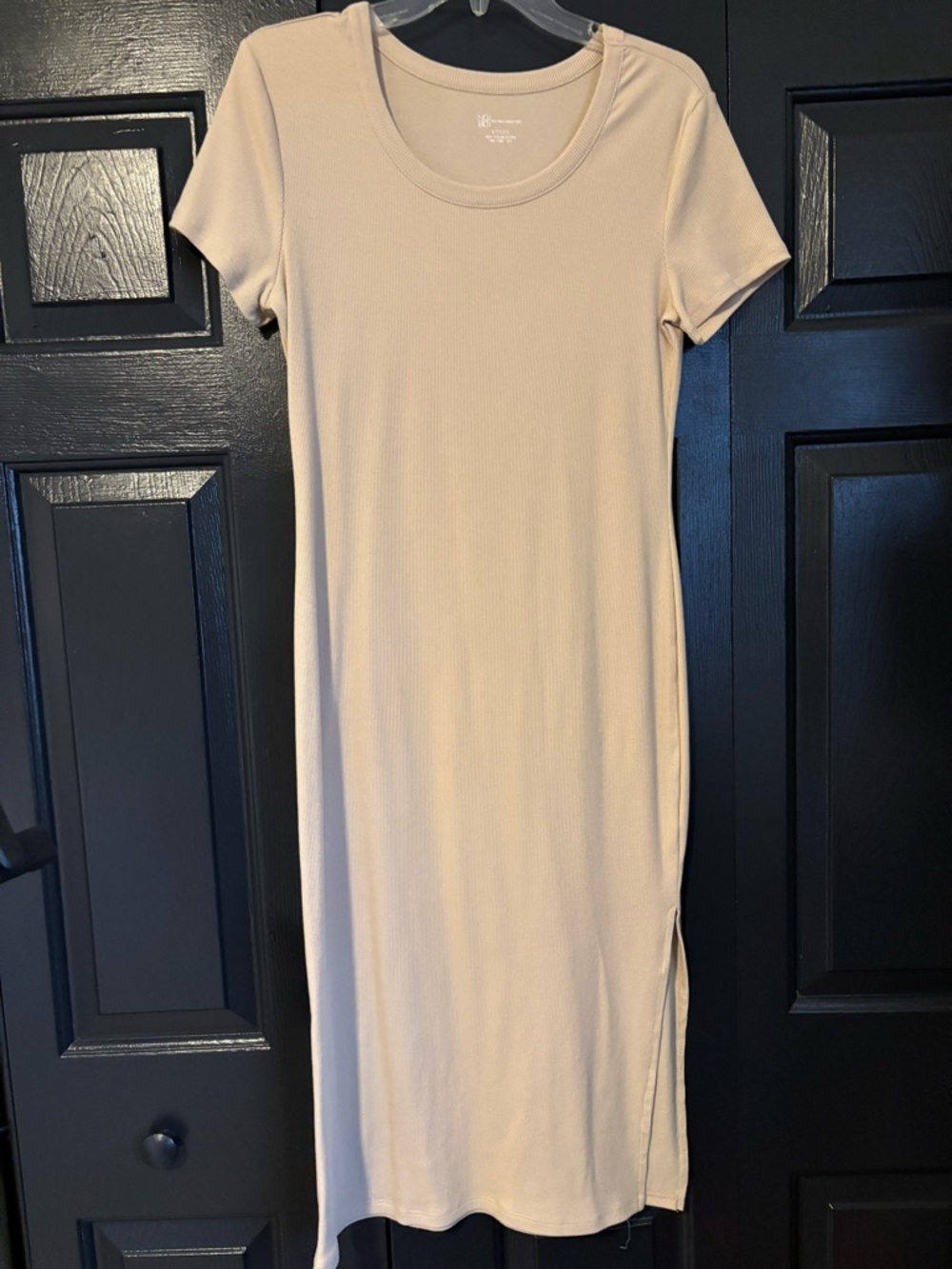 No Boundaries Beige Ribbed Short-Sleeve Midi Dress